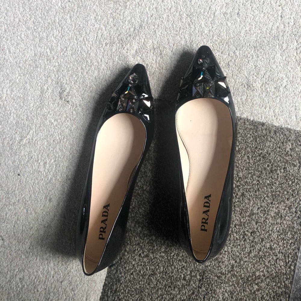 Prada Pointed Toe Jeweled Ballerina Flats
